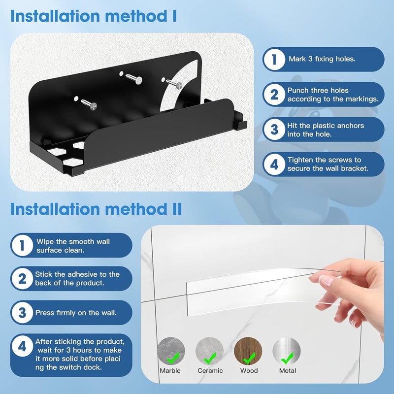 KUNSLUCK KUNSLCUK Wall Mount for Switch and Switch OLED, Metal Wall Mount Stand Accessories with 28 Game Cards Holder and 2 Joy-Con Hooks, Safely Mount Your Switch on Wall Near TV (Black) - Image 5